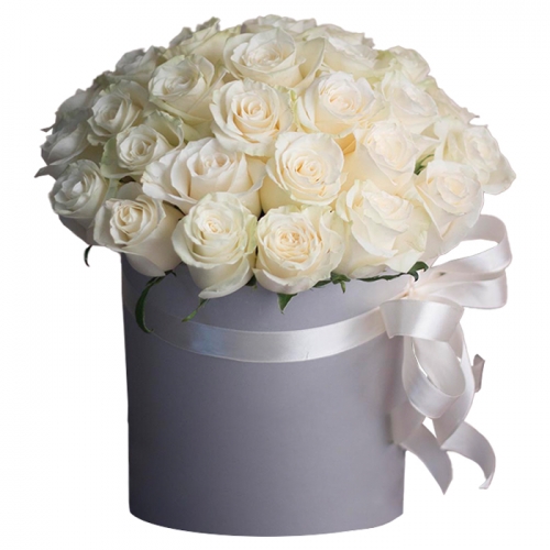 Букет 31 біла троянда в капелюшній коробці