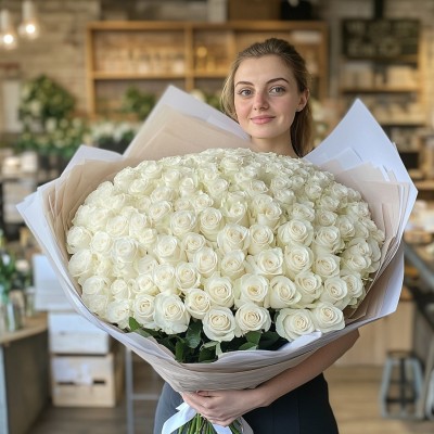 Букет 101 белая роза "Изабелла"
