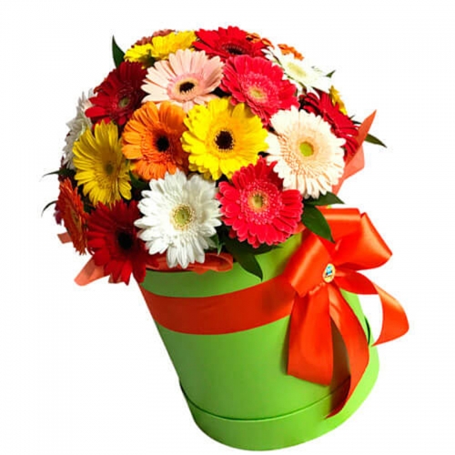 Букет из 21 герберы в шляпной коробке "Сказочная страна"